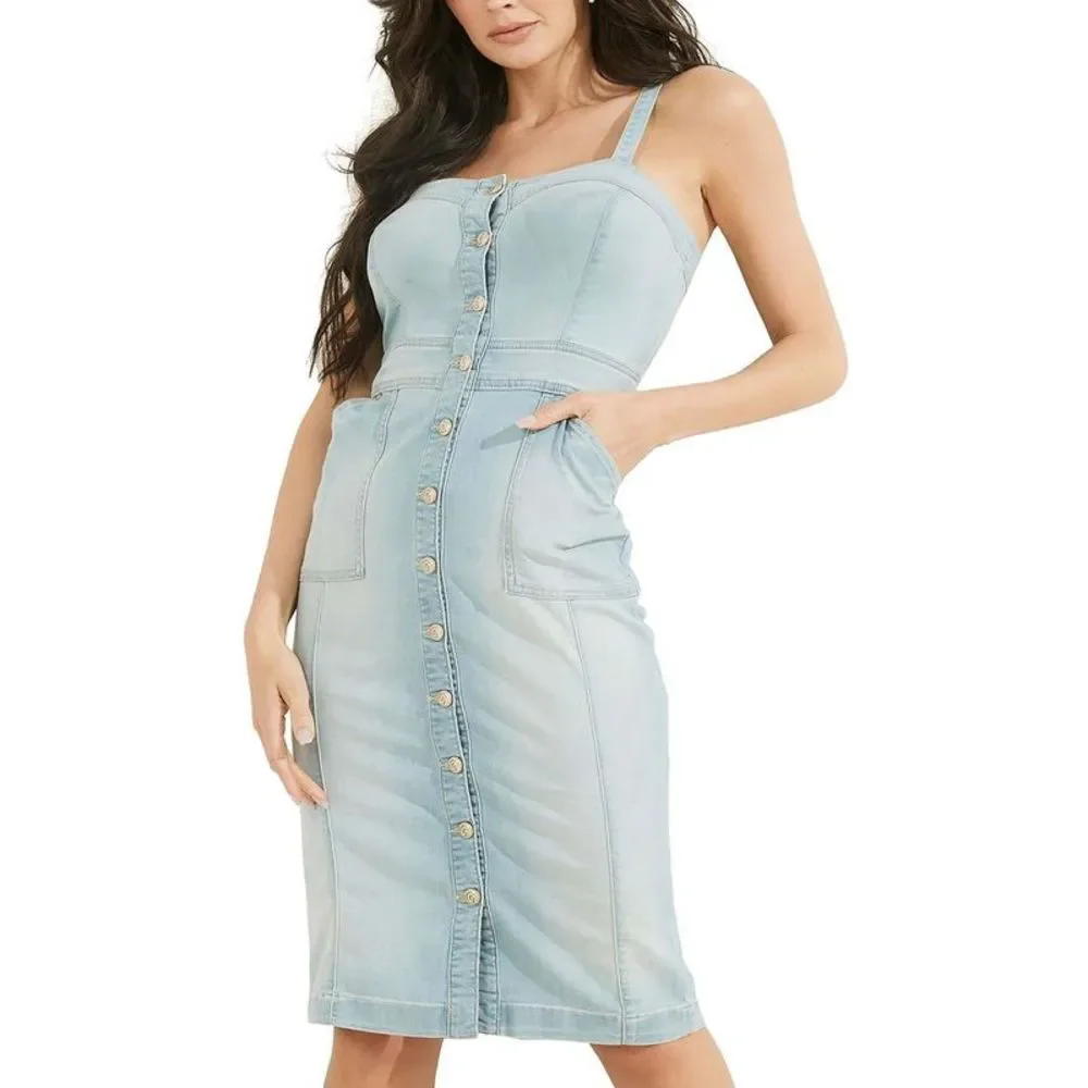 Guess Womens Blue Sweetheart Neck Long Adjustable Straps Shirtdress Used